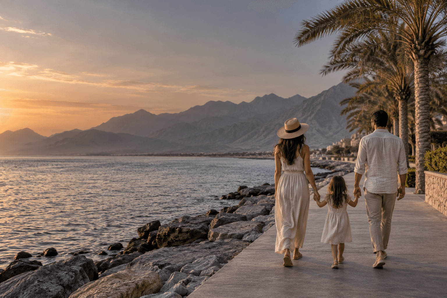 Une famille se promène au bord de la mer — photographie illustrative
